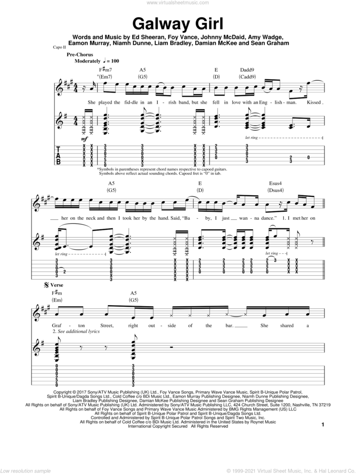 Galway Girl sheet music for guitar (tablature, play-along) by Ed Sheeran, Amy Wadge, Damian McKee, Eamon Murray, Foy Vance, John McDaid, Liam Bradley, Niamh Dunne and Sean Graham, intermediate skill level