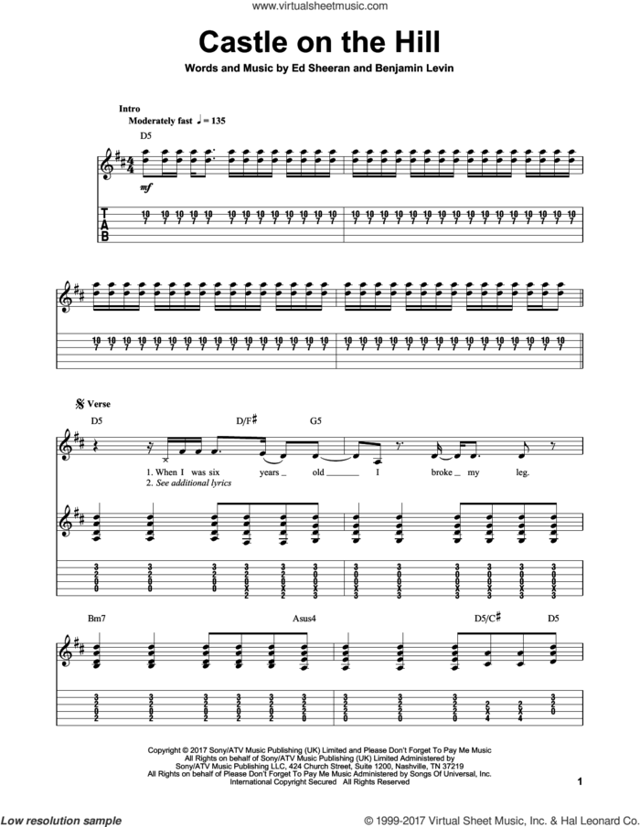 Castle On The Hill sheet music for guitar (tablature, play-along) by Ed Sheeran and Benjamin Levin, intermediate skill level