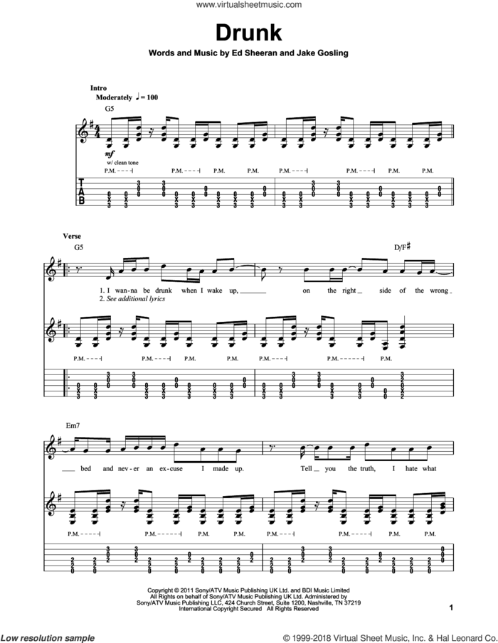 Drunk sheet music for guitar (tablature, play-along) by Ed Sheeran and Jake Gosling, intermediate skill level