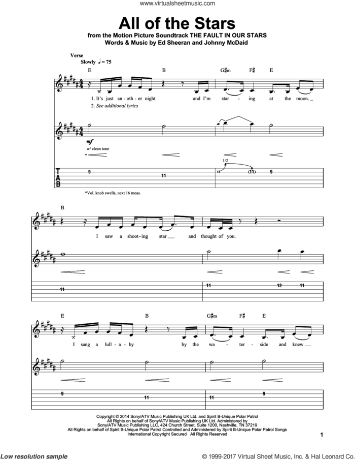 All Of The Stars sheet music for guitar (tablature, play-along) by Ed Sheeran and Johnny McDaid, intermediate skill level