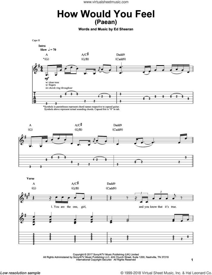 How Would You Feel (Paean) sheet music for guitar (tablature, play-along) by Ed Sheeran, intermediate skill level