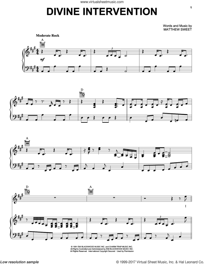 Divine Intervention sheet music for voice, piano or guitar by Matthew Sweet, intermediate skill level