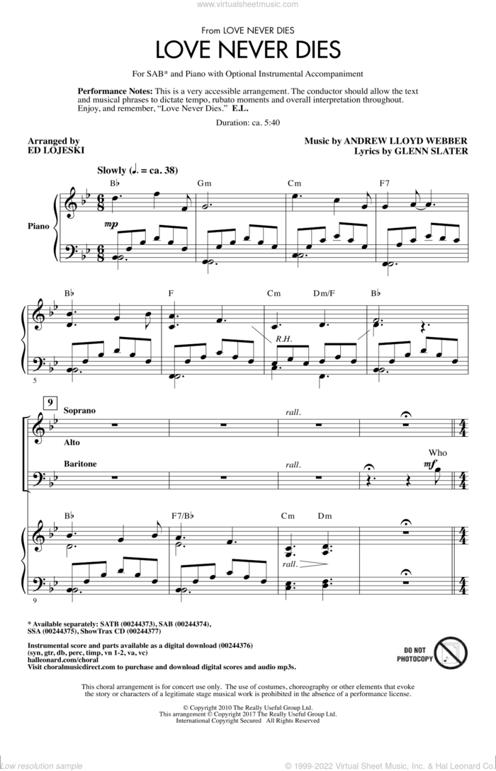 Love Never Dies (arr. Ed Lojeski) sheet music for choir (SAB: soprano, alto, bass) by Andrew Lloyd Webber, Ed Lojeski and Glenn Slater, intermediate skill level