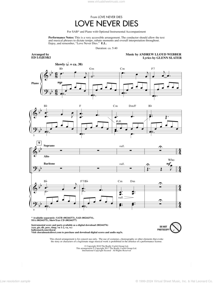 Love Never Dies (arr. Ed Lojeski) sheet music for choir (SAB: soprano, alto, bass) by Andrew Lloyd Webber, Ed Lojeski and Glenn Slater, intermediate skill level