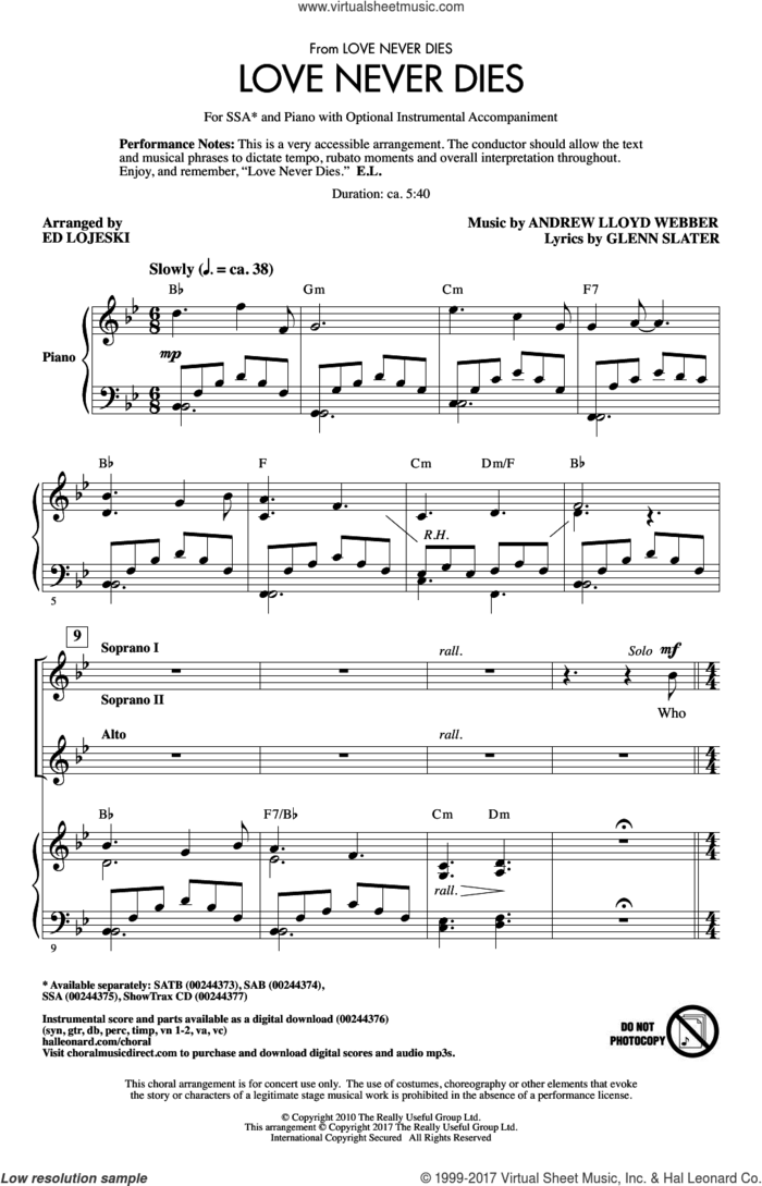Love Never Dies (arr. Ed Lojeski) sheet music for choir (SSA: soprano, alto) by Andrew Lloyd Webber, Ed Lojeski and Glenn Slater, intermediate skill level