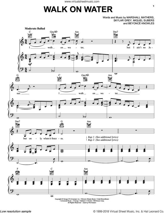 Walk On Water sheet music for voice, piano or guitar by Beyonce, Beyonce Knowles, Marshall Mathers, Miquel Sijbers and Skylar Grey, intermediate skill level