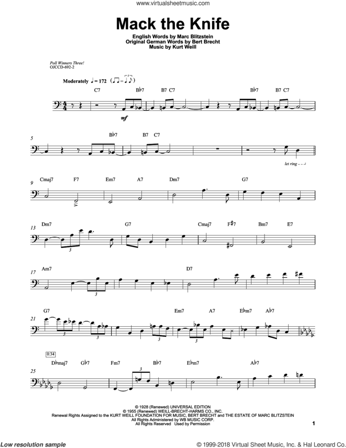 Mack The Knife sheet music for brass ensemble (transcription) by Ray Brown, Bobby Darin, Bertolt Brecht, Kurt Weill and Marc Blitzstein, intermediate skill level