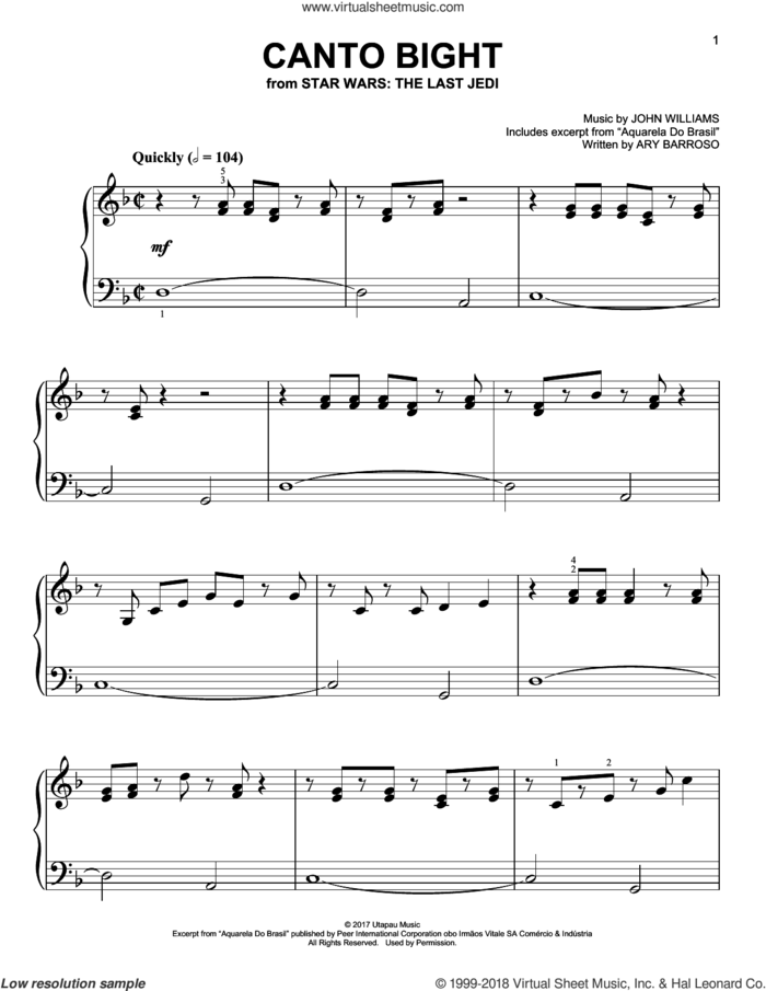 Canto Bight sheet music for piano solo by John Williams, easy skill level