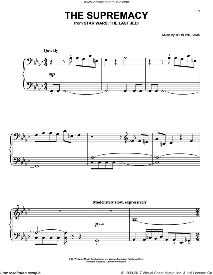 The Supremacy sheet music for piano solo by John Williams, easy skill level