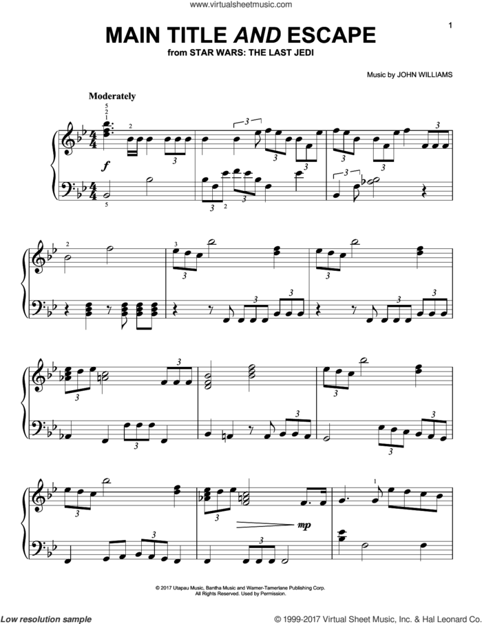 Main Title And Escape, (easy) sheet music for piano solo by John Williams, easy skill level