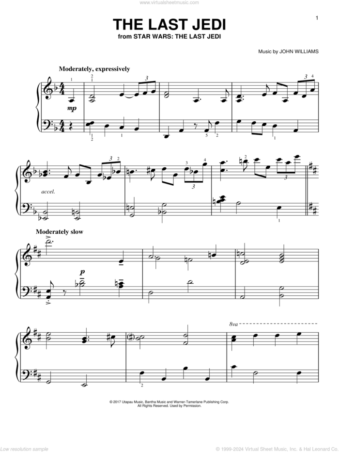 The Last Jedi sheet music for piano solo by John Williams, easy skill level