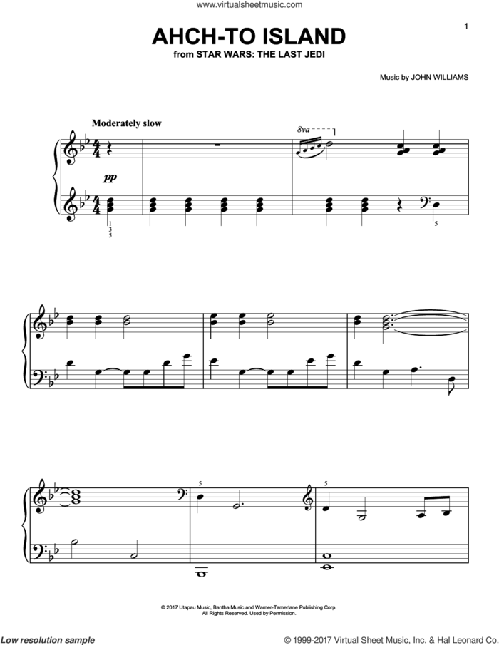 Ahch-To Island sheet music for piano solo by John Williams, easy skill level