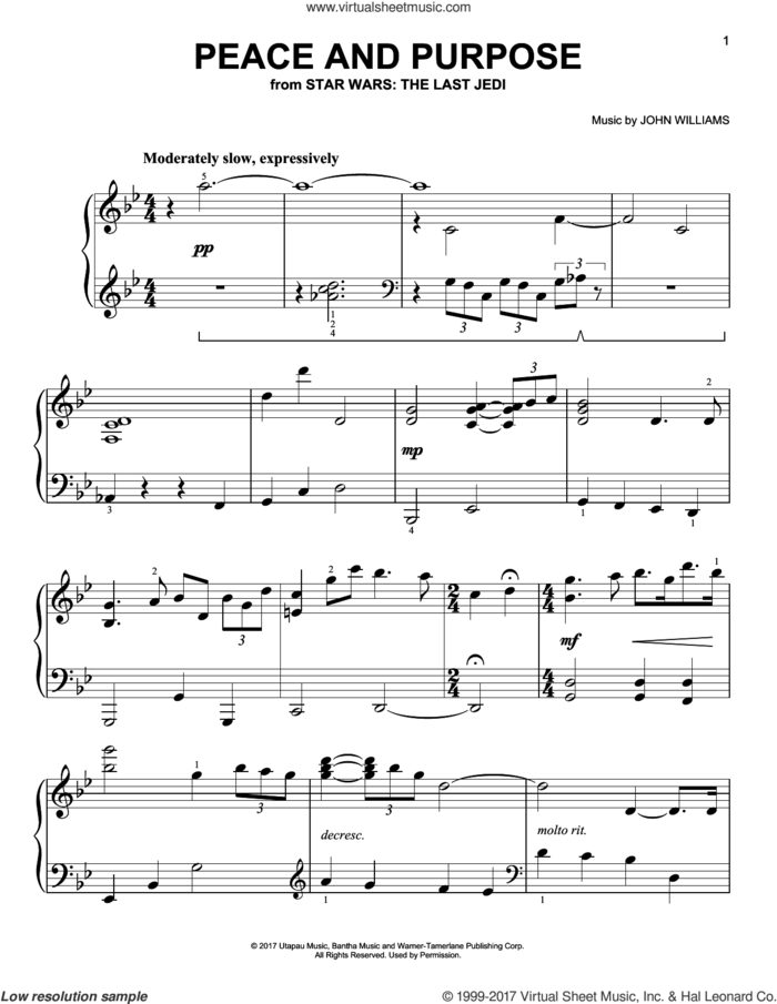 Peace And Purpose sheet music for piano solo by John Williams, easy skill level