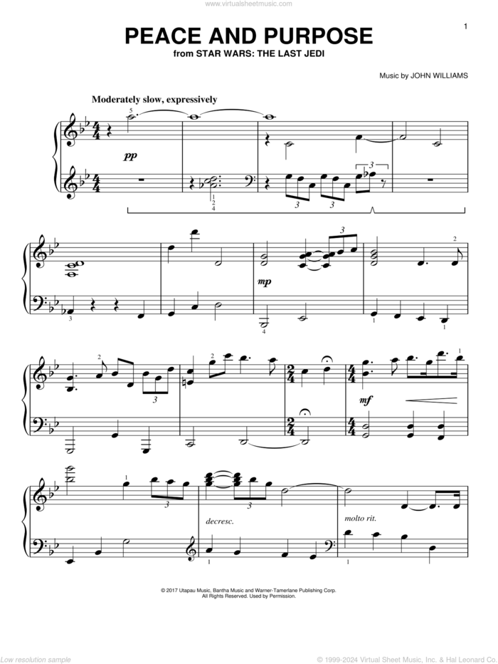 Peace And Purpose sheet music for piano solo by John Williams, easy skill level