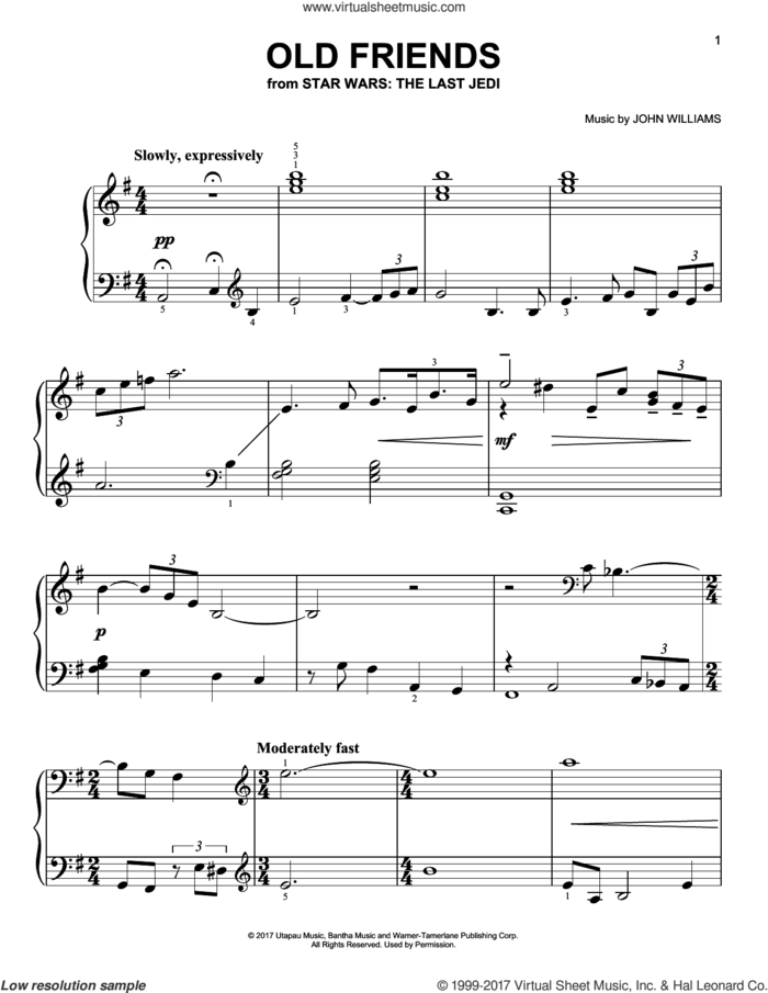 Old Friends, (easy) sheet music for piano solo by John Williams, easy skill level