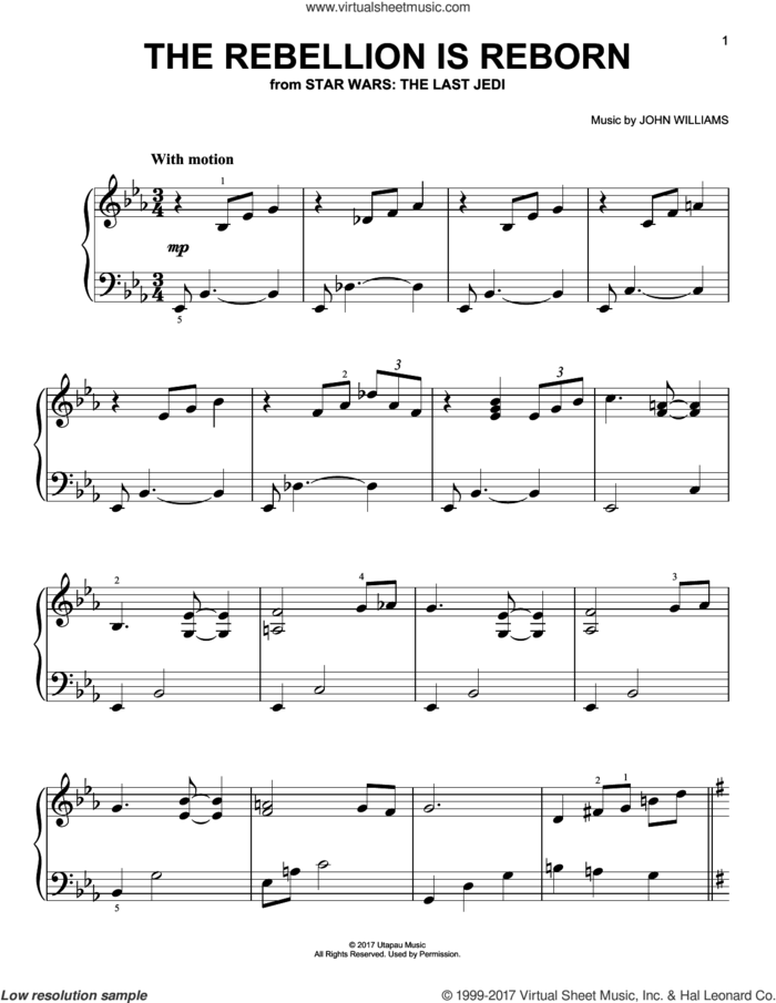 The Rebellion Is Reborn sheet music for piano solo by John Williams, easy skill level