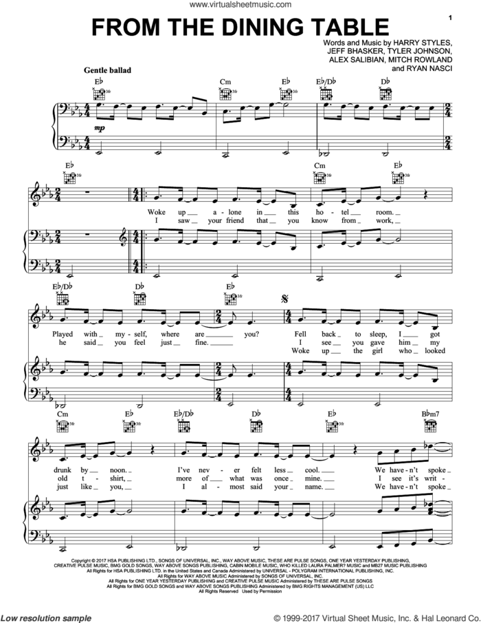 From The Dining Table sheet music for voice, piano or guitar by Harry Styles, Alex Salibian, Jeff Bhasker, Mitch Rowland, Ryan Nasci and Tyler Johnson, intermediate skill level