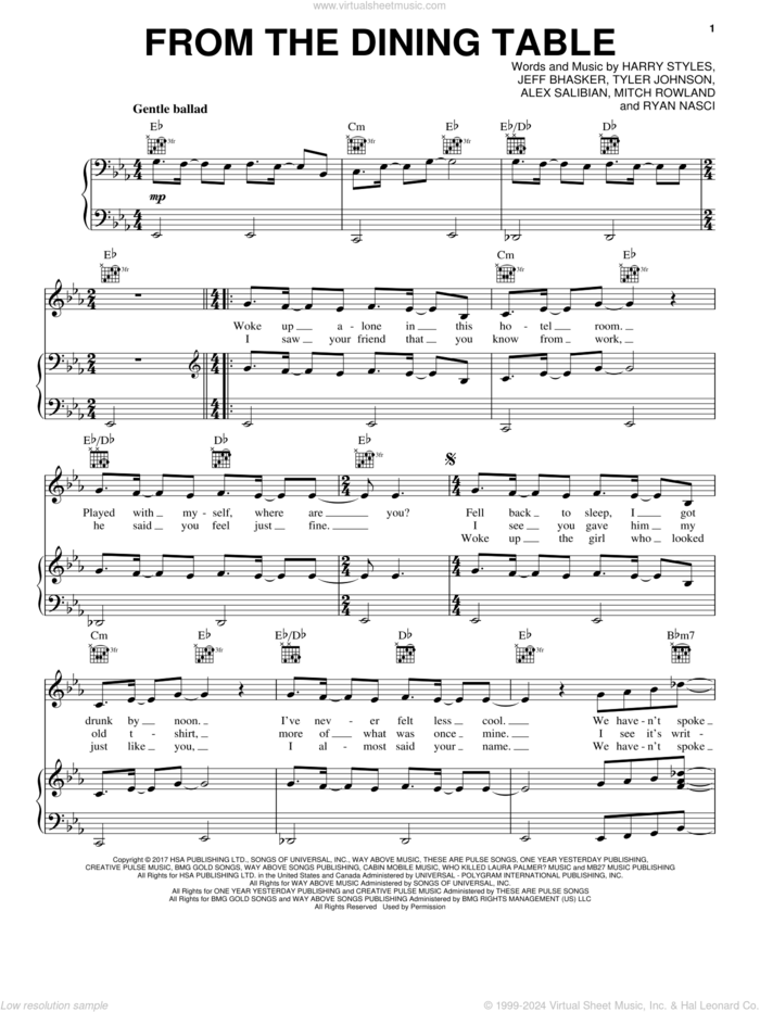 From The Dining Table sheet music for voice, piano or guitar by Harry Styles, Alex Salibian, Jeff Bhasker, Mitch Rowland, Ryan Nasci and Tyler Johnson, intermediate skill level