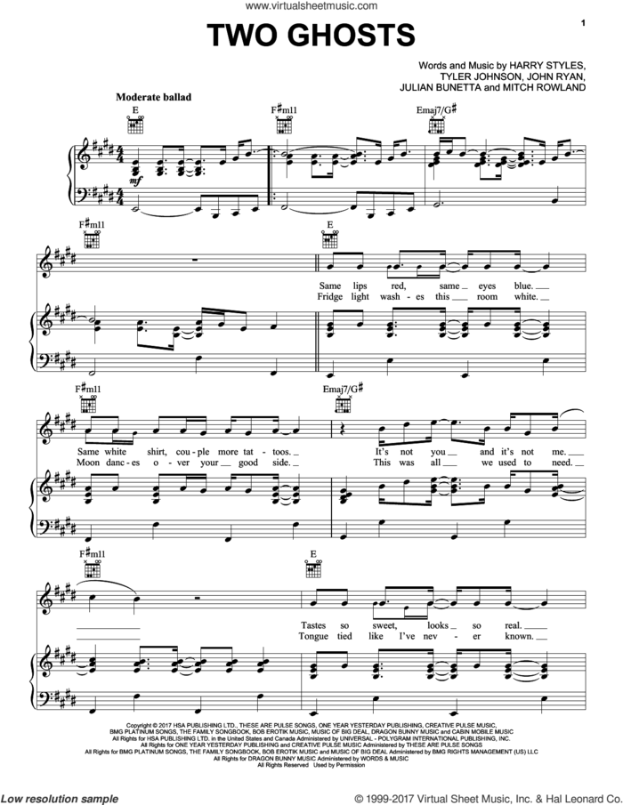 Two Ghosts sheet music for voice, piano or guitar by Harry Styles, John Ryan, Julian Bunetta, Mitch Rowland and Tyler Johnson, intermediate skill level