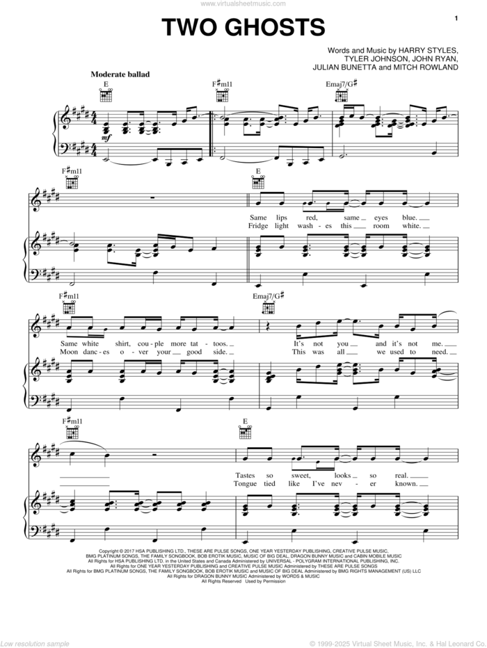 Two Ghosts sheet music for voice, piano or guitar by Harry Styles, John Ryan, Julian Bunetta, Mitch Rowland and Tyler Johnson, intermediate skill level