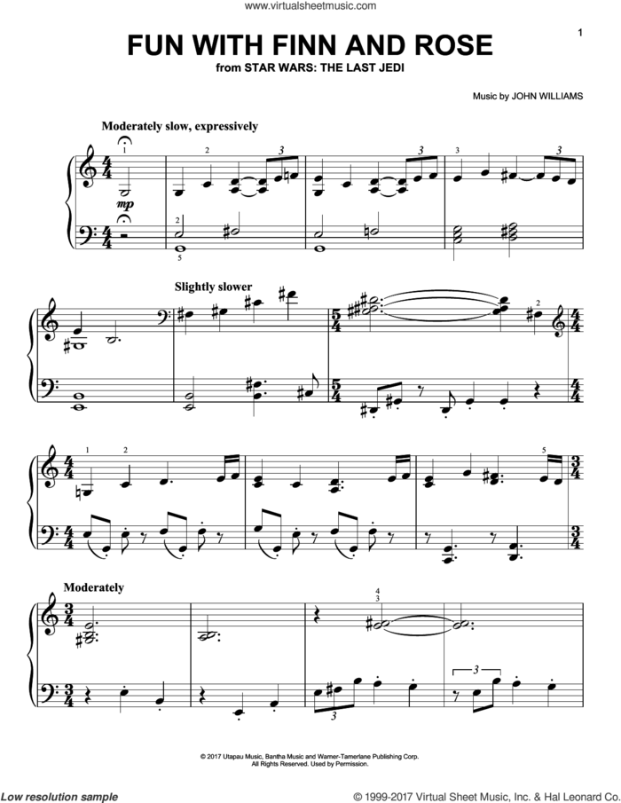 Fun With Finn And Rose sheet music for piano solo by John Williams, easy skill level
