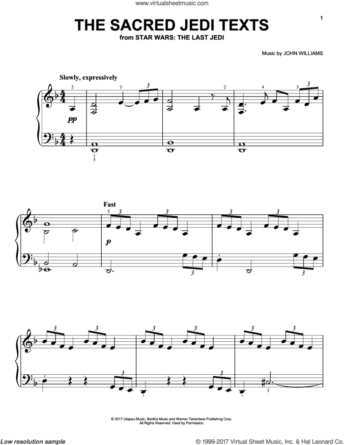 The Sacred Jedi Texts, (easy) sheet music for piano solo by John Williams, easy skill level