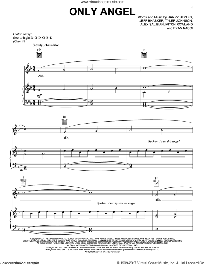 Only Angel sheet music for voice, piano or guitar by Harry Styles, Alex Salibian, Jeff Bhasker, Mitch Rowland, Ryan Nasci and Tyler Johnson, intermediate skill level