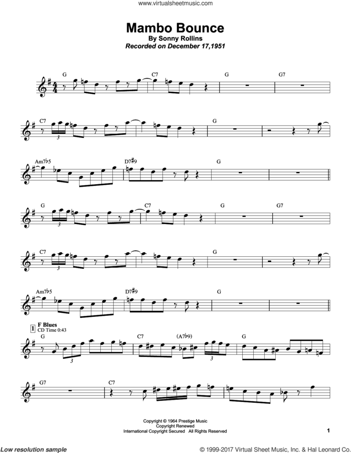Mambo Bounce sheet music for tenor saxophone solo (transcription) by Sonny Rollins, Art Blakey, Kenny Drew, Modern Jazz Quartet and Sonny Rollins With The Modern Jazz Quartet, intermediate tenor saxophone (transcription)