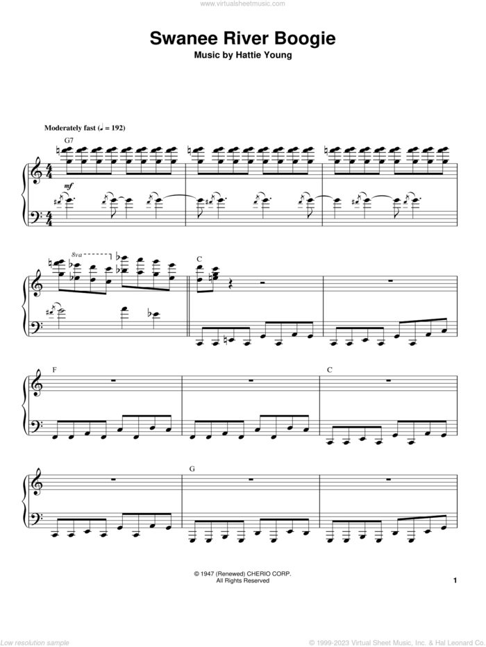 Swanee River Boogie sheet music for piano solo (transcription) by Hattie Young and Albert Ammons, intermediate piano (transcription)
