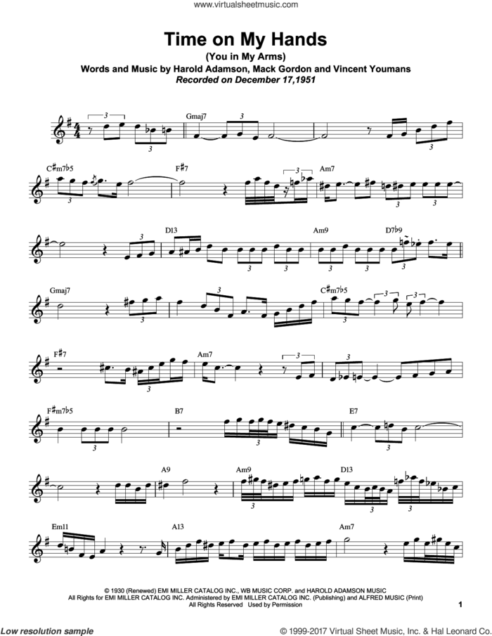 Time On My Hands (You In My Arms) sheet music for tenor saxophone solo (transcription) by Sonny Rollins, Art Blakey, Kenny Drew, Modern Jazz Quartet, Harold Adamson, Mack Gordon and Vincent Youmans, intermediate tenor saxophone (transcription)