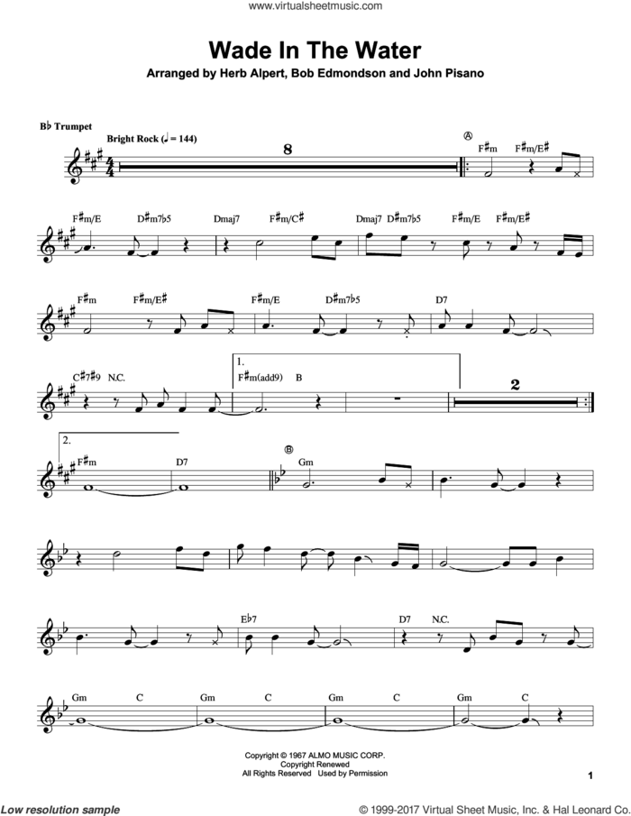 Wade In The Water sheet music for trumpet solo (transcription) by Herb Alpert and Bob Edmondson (arr.), intermediate trumpet (transcription)