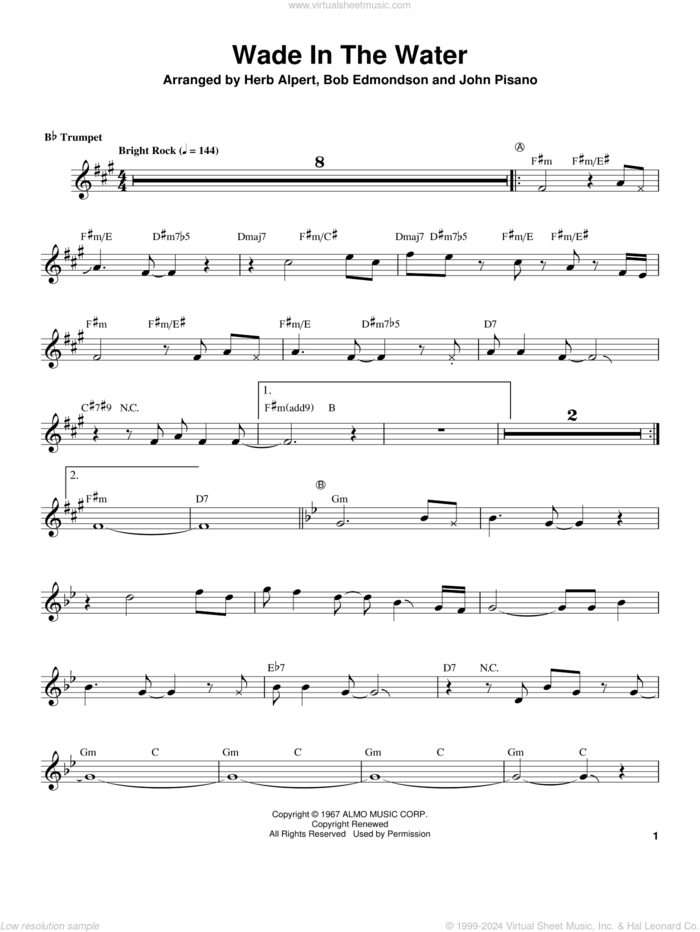 Wade In The Water sheet music for trumpet solo (transcription) by Herb Alpert and Bob Edmondson (arr.), intermediate trumpet (transcription)