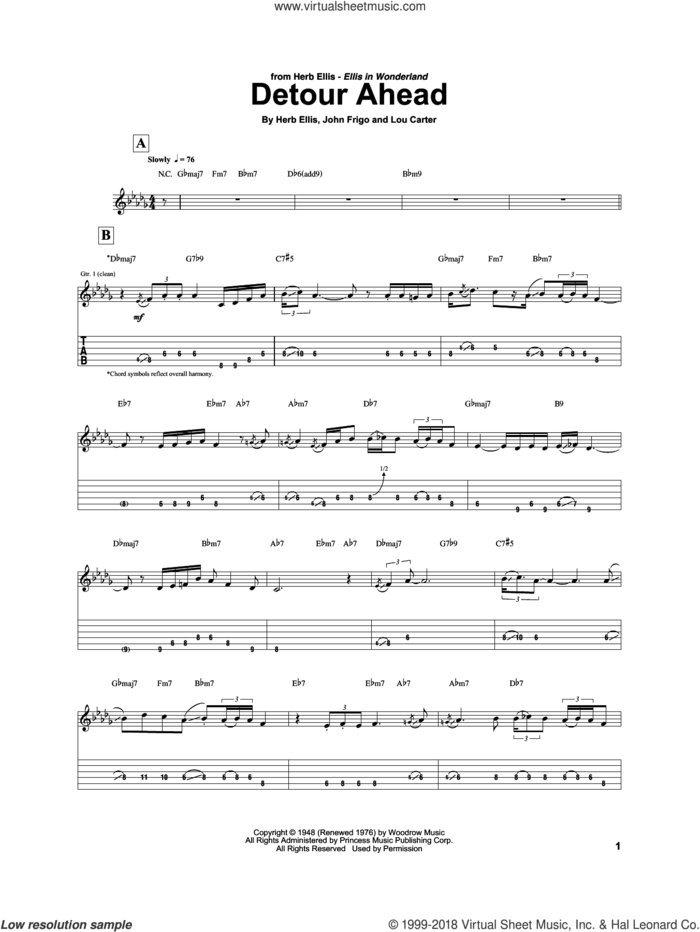Detour Ahead sheet music for electric guitar (transcription) by Herb Ellis, John Frigo and Lou Carter, intermediate skill level