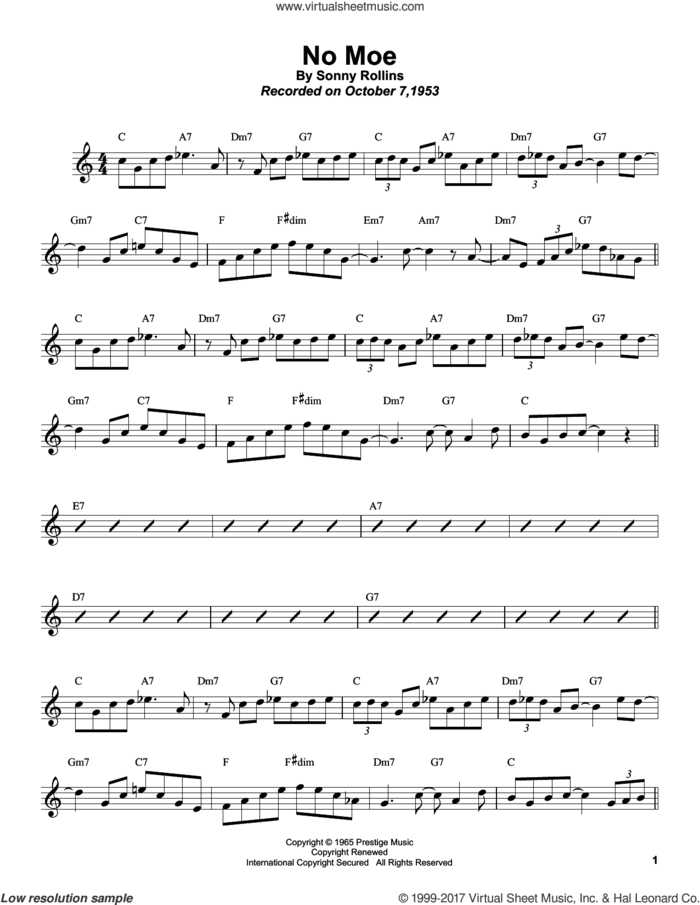 No Moe sheet music for tenor saxophone solo (transcription) by Sonny Rollins, intermediate tenor saxophone (transcription)