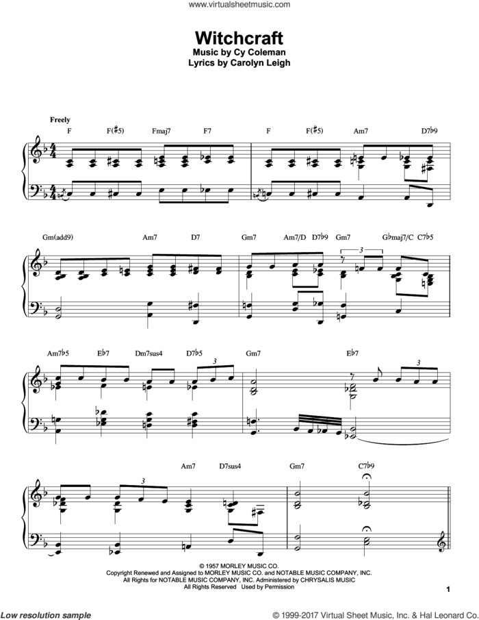 Witchcraft sheet music for piano solo (transcription) by Oscar Peterson, Carolyn Leigh and Cy Coleman, intermediate piano (transcription)