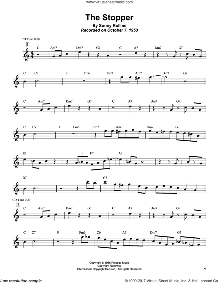 The Stopper sheet music for tenor saxophone solo (transcription) by Sonny Rollins, intermediate tenor saxophone (transcription)