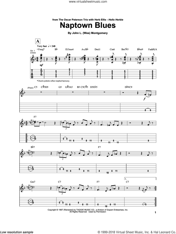 Naptown Blues sheet music for electric guitar (transcription) by Herb Ellis and Wes Montgomery, intermediate skill level