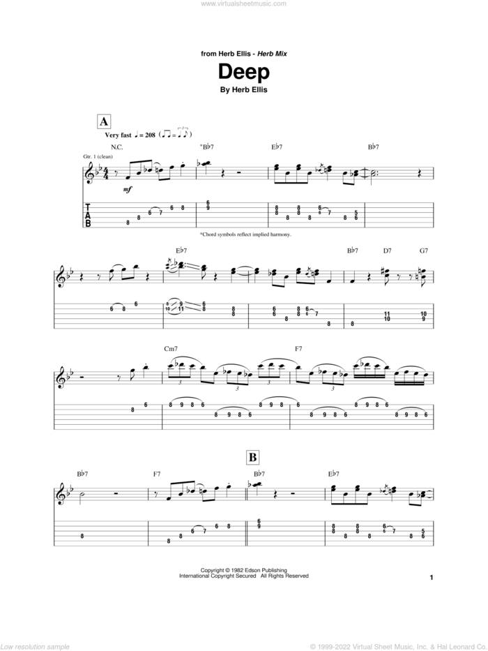 Deep sheet music for electric guitar (transcription) by Herb Ellis, intermediate skill level