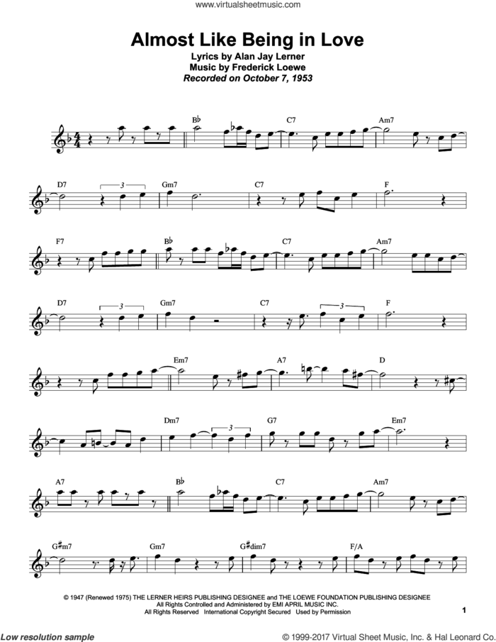 Almost Like Being In Love sheet music for tenor saxophone solo (transcription) by Sonny Rollins, Alan Jay Lerner and Frederick Loewe, intermediate tenor saxophone (transcription)