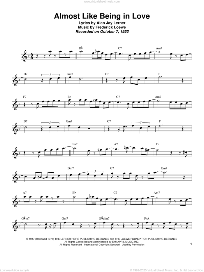 Almost Like Being In Love sheet music for tenor saxophone solo (transcription) by Sonny Rollins, Alan Jay Lerner and Frederick Loewe, intermediate tenor saxophone (transcription)