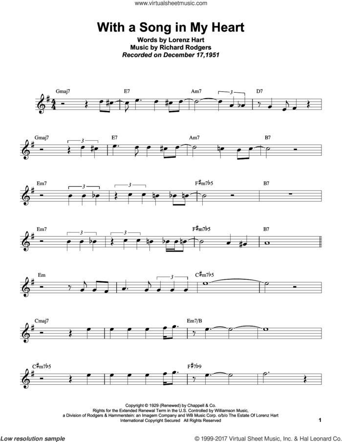 With A Song In My Heart sheet music for tenor saxophone solo (transcription) by Sonny Rollins, Lorenz Hart and Richard Rodgers, intermediate tenor saxophone (transcription)