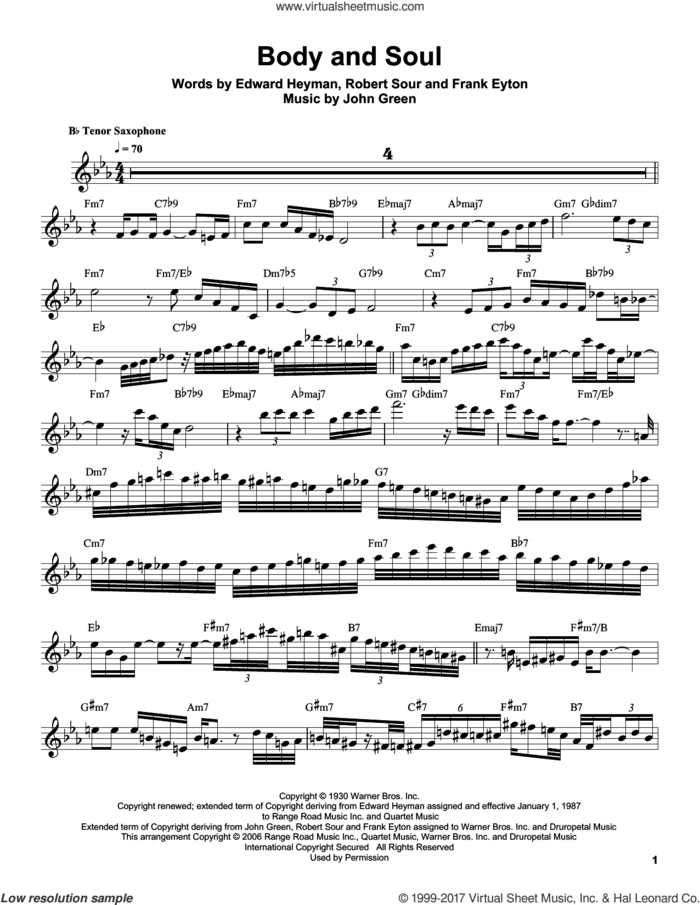 Body And Soul sheet music for tenor saxophone solo (transcription) by Sonny Stitt, Edward Heyman, Frank Eyton, Johnny Green and Robert Sour, intermediate tenor saxophone (transcription)