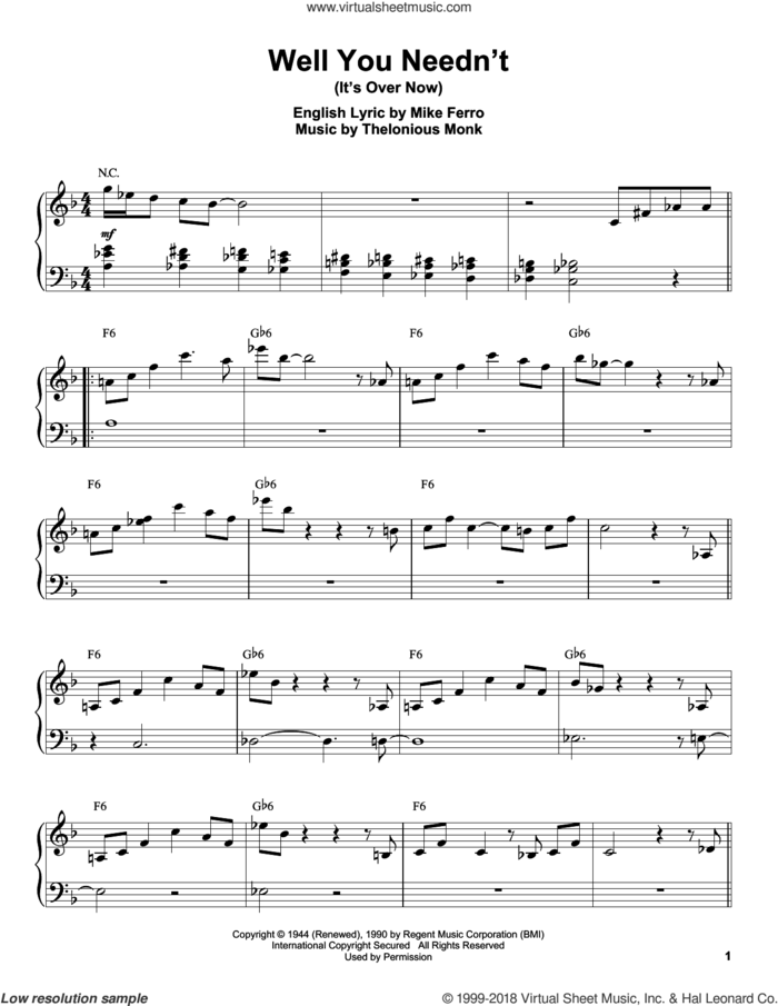 Well You Needn't (It's Over Now) sheet music for piano solo (transcription) by Thelonious Monk and Mike Ferro, intermediate piano (transcription)