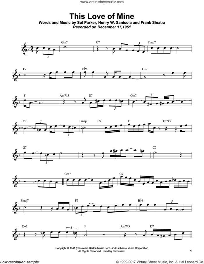 This Love Of Mine sheet music for tenor saxophone solo (transcription) by Sonny Rollins, Frank Sinatra, Henry W. Sanicola and Sol Parker, intermediate tenor saxophone (transcription)