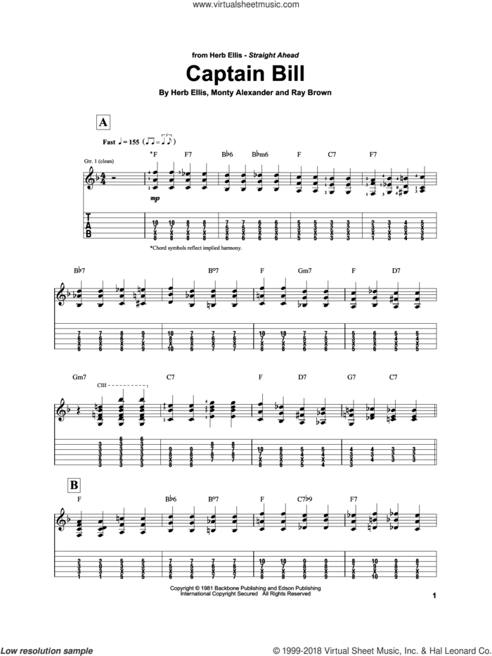 Captain Bill sheet music for electric guitar (transcription) by Herb Ellis, Monty Alexander and Ray Brown, intermediate skill level