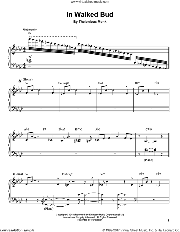 In Walked Bud sheet music for piano solo (transcription) by Thelonious Monk, intermediate piano (transcription)