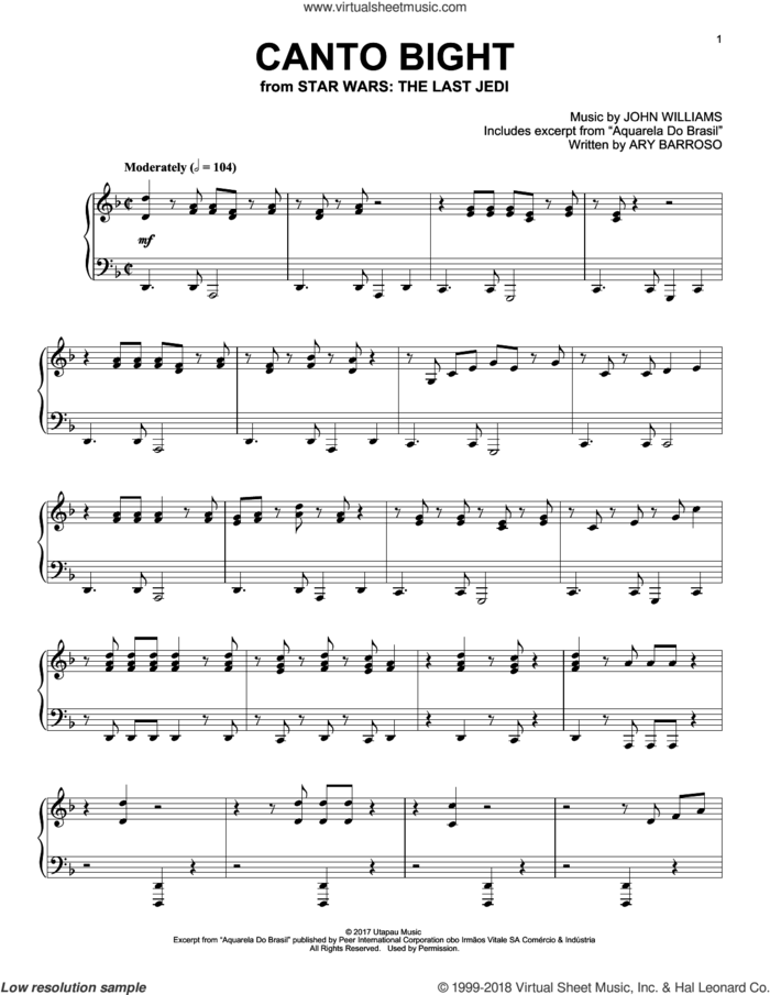 Canto Bight, (intermediate) sheet music for piano solo by John Williams, intermediate skill level