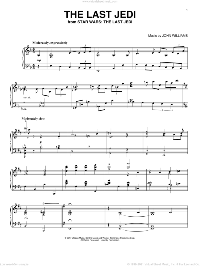 The Last Jedi sheet music for piano solo by John Williams, intermediate skill level