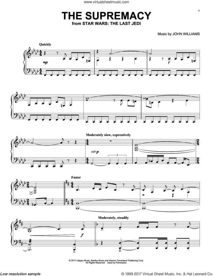 The Supremacy sheet music for piano solo by John Williams, intermediate skill level