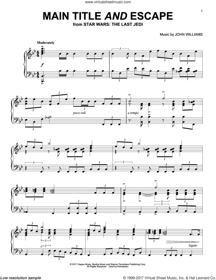 Main Title And Escape, (intermediate) sheet music for piano solo by John Williams, intermediate skill level